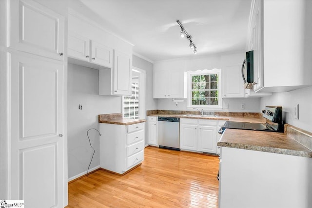 402 Rosebud Ct, Greer, SC 29650 - kitchen with appliances with stainless steel finishes, white cabinetry, light wood-style floors, rail lighting, and ornamental molding