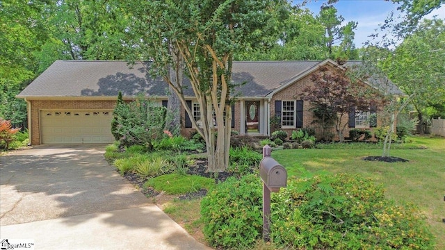 402 Rosebud Ct, Greer, SC 29650 - ranch-style house featuring brick siding, driveway, an attached garage, a front lawn, and roof with shingles