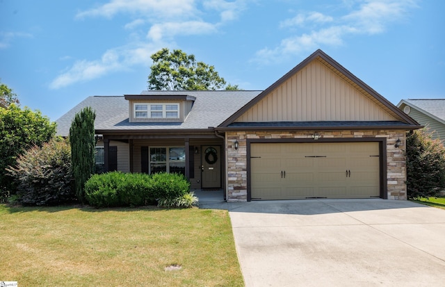 18 Herndon Ct, Simpsonville, SC 29681 - craftsman inspired home featuring a garage, board and batten siding, a front yard, driveway, and stone siding