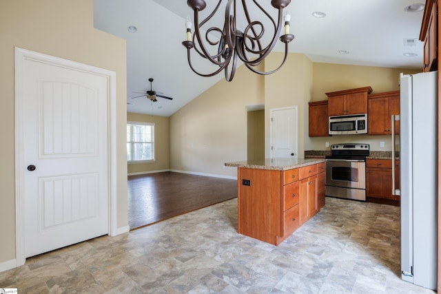 18 Herndon Ct, Simpsonville, SC 29681 - kitchen with appliances with stainless steel finishes, a chandelier, a center island, ceiling fan, and high vaulted ceiling