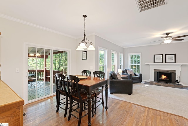 629 Germander Ct, Greer, SC 29651 - dining area featuring wood finished floors, healthy amount of natural light, ornamental molding, a lit fireplace, and ceiling fan