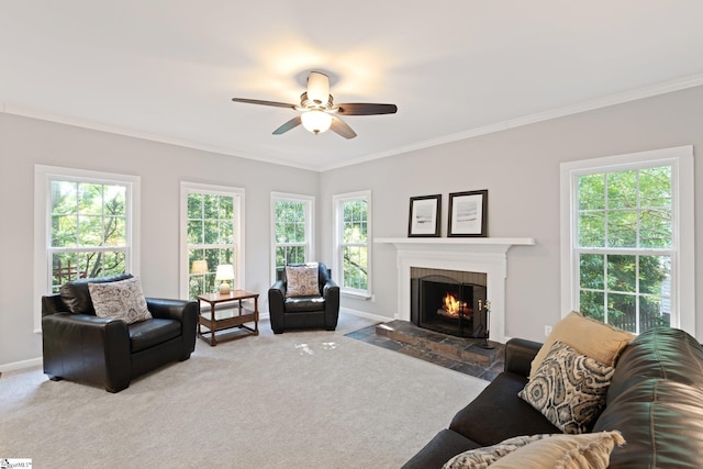 629 Germander Ct, Greer, SC 29651 - living room featuring ceiling fan, a brick fireplace, crown molding, and carpet flooring