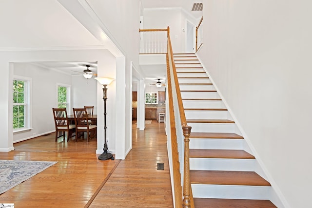 629 Germander Ct, Greer, SC 29651 - stairway with ceiling fan, crown molding, and wood finished floors