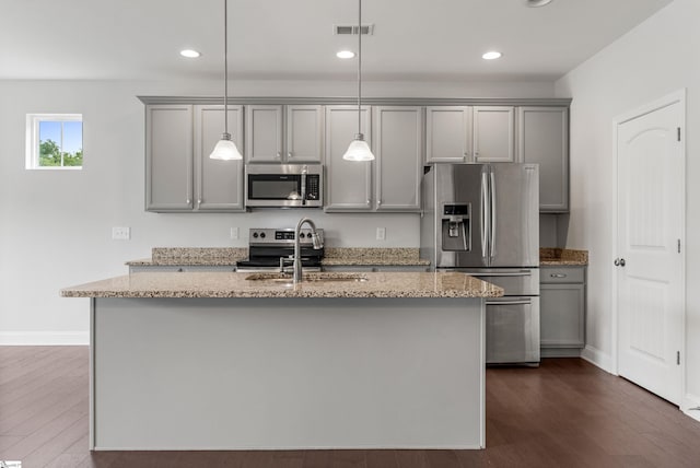 138 Rushing Creek Ln, Piedmont, SC 29673 - kitchen featuring stainless steel appliances, gray cabinets, dark wood-type flooring, recessed lighting, and light stone counters