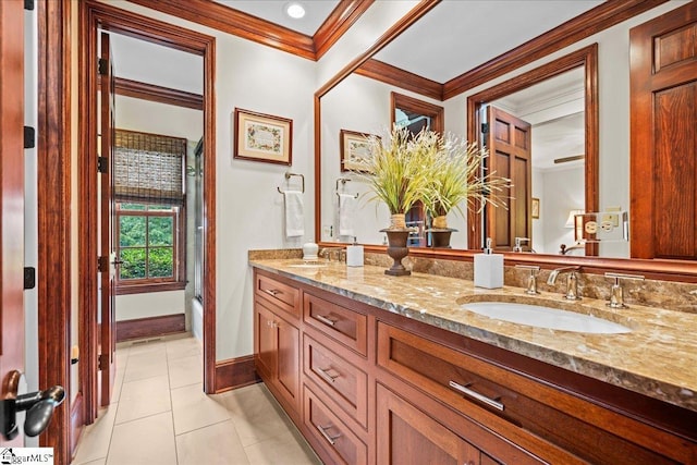 4 Huntington Ct, Greenville, SC 29615 - full bathroom featuring ornamental molding, double vanity, tile patterned flooring, and an enclosed shower