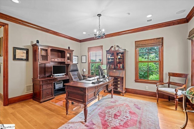 4 Huntington Ct, Greenville, SC 29615 - office space with light wood-style flooring, a chandelier, crown molding, and recessed lighting