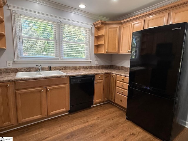 204 Sherondale Ln, Simpsonville, SC 29680 - kitchen with black appliances, open shelves, light wood-style floors, crown molding, and recessed lighting
