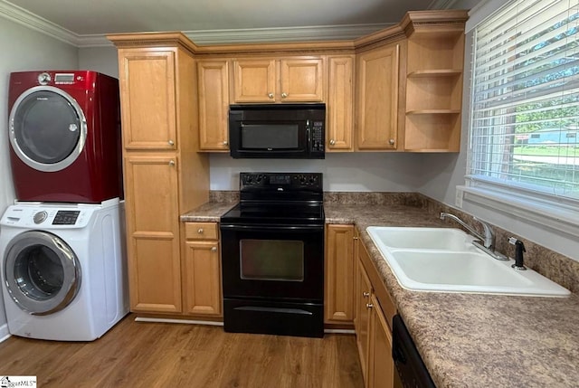 204 Sherondale Ln, Simpsonville, SC 29680 - kitchen featuring black appliances, stacked washer / drying machine, crown molding, light wood-style flooring, and open shelves