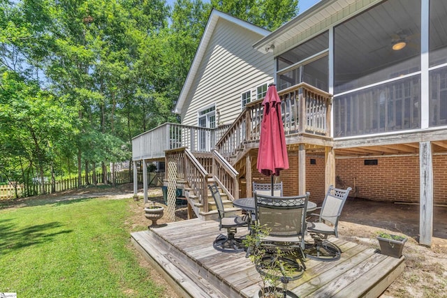 10 Blue Water Trl, Taylors, SC 29687 - wooden deck featuring a sunroom, stairway, and outdoor dining area