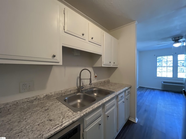 107 Feldman Dr, Easley, SC 29640 - kitchen featuring white cabinets, light countertops, dark wood finished floors, and a ceiling fan