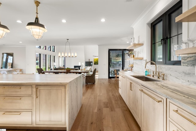 304 Waterford Fall Way, Simpsonville, SC 29681 - kitchen with open shelves, light brown cabinets, open floor plan, light wood-style floors, and recessed lighting