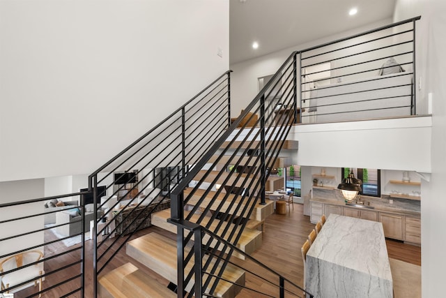 304 Waterford Fall Way, Simpsonville, SC 29681 - stairway featuring wood finished floors and recessed lighting