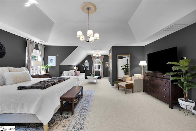 9 Springhead Way, Greer, SC 29650 - bedroom with a chandelier, multiple windows, carpet floors, a raised ceiling, and lofted ceiling