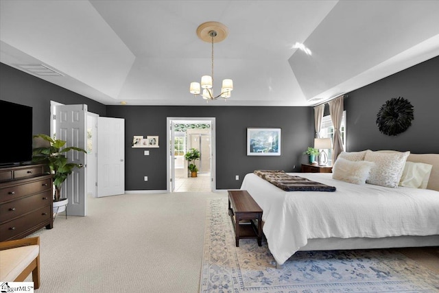 9 Springhead Way, Greer, SC 29650 - carpeted bedroom with lofted ceiling, a chandelier, and a raised ceiling