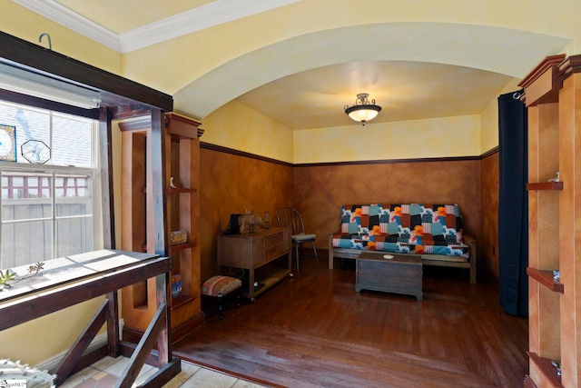 17 Lantern Ln, Greer, SC 29651 - living area featuring arched walkways, ornamental molding, and wood finished floors