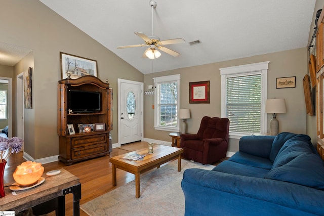 17 Lantern Ln, Greer, SC 29651 - living area with a ceiling fan, lofted ceiling, light wood-style floors, and healthy amount of natural light