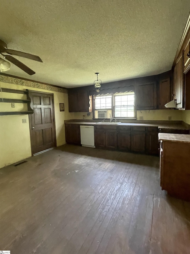 875 Love And Care Rd, Six Mile, SC 29682 - kitchen featuring white dishwasher, a textured ceiling, hardwood / wood-style flooring, dark brown cabinets, and ceiling fan