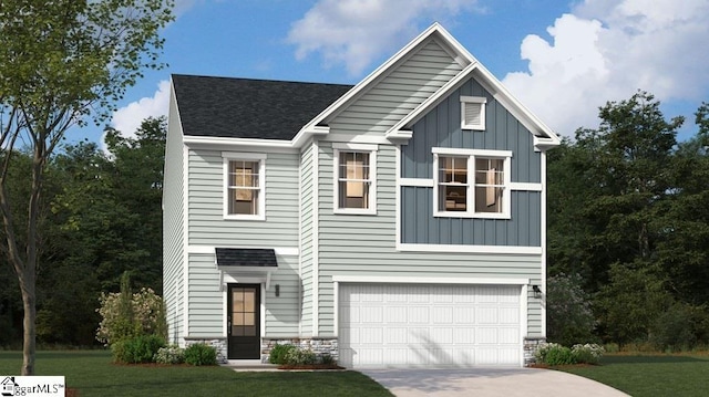 3082 Hillgate Trl, Boiling Springs, SC 29316 - view of front of property featuring board and batten siding, concrete driveway, an attached garage, and a front lawn