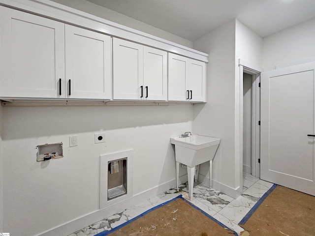 2927 Old Greenville Hwy, Central, SC 29630 - laundry area featuring cabinet space, light marble finish floors, electric dryer hookup, and washer hookup