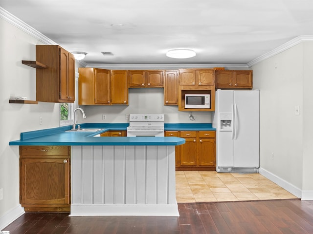 113 Commodore Dr, Duncan, SC 29334 - kitchen featuring white appliances, open shelves, wood finished floors, a peninsula, and ornamental molding