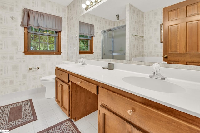 102 Linwood Ct, Simpsonville, SC 29681 - full bathroom with wallpapered walls, tile patterned floors, a stall shower, and double vanity