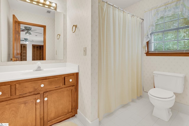 102 Linwood Ct, Simpsonville, SC 29681 - bathroom with wallpapered walls, vanity, ceiling fan, tile patterned flooring, and a shower with curtain