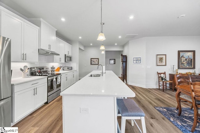 18 Yakama Way, Greenville, SC 29607 - kitchen with stainless steel appliances, under cabinet range hood, a center island with sink, light countertops, and backsplash