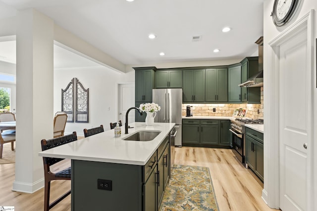 240 Nicole Marie Ct, Greer, SC 29651 - kitchen featuring green cabinetry, stainless steel appliances, a kitchen bar, light countertops, and light wood-style flooring