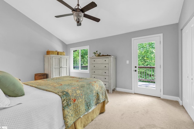150 Stallings Rd Unit A1, Taylors, SC 19687 - bedroom with access to exterior, light carpet, lofted ceiling, a ceiling fan, and a closet