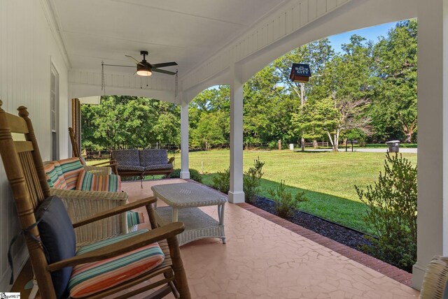 257 Mahaffey St, Belton, SC 29627 - view of patio / terrace featuring a ceiling fan, outdoor lounge area, and view of wooded area