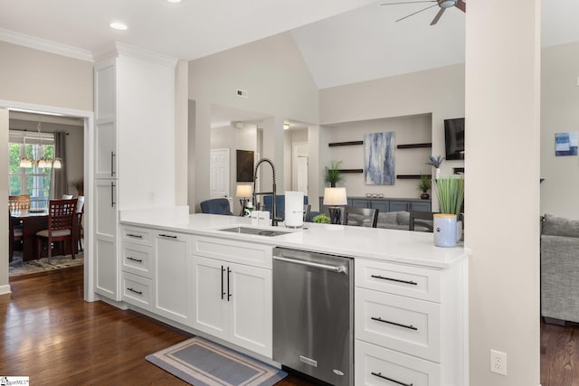 6 Nakkol Dr, Simpsonville, SC 29680 - kitchen featuring dishwasher, dark wood-style flooring, a ceiling fan, light countertops, and vaulted ceiling