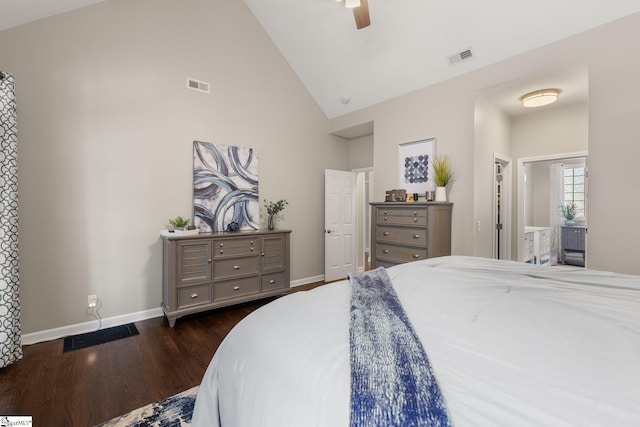 6 Nakkol Dr, Simpsonville, SC 29680 - bedroom with dark wood-style floors, high vaulted ceiling, and ceiling fan