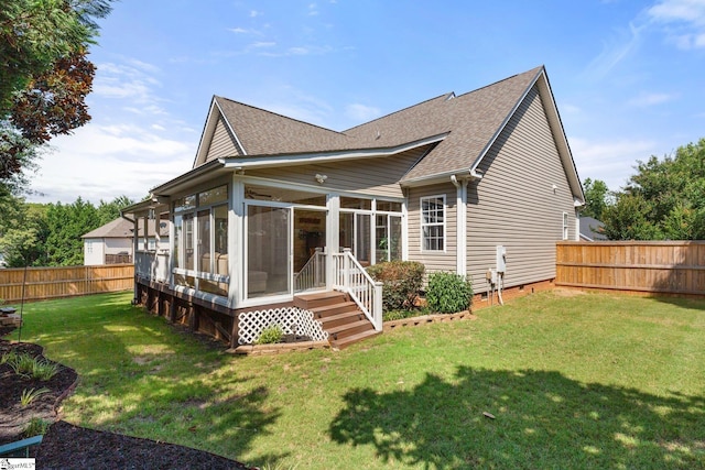 6 Nakkol Dr, Simpsonville, SC 29680 - rear view of property featuring a sunroom, roof with shingles, a fenced backyard, and crawl space
