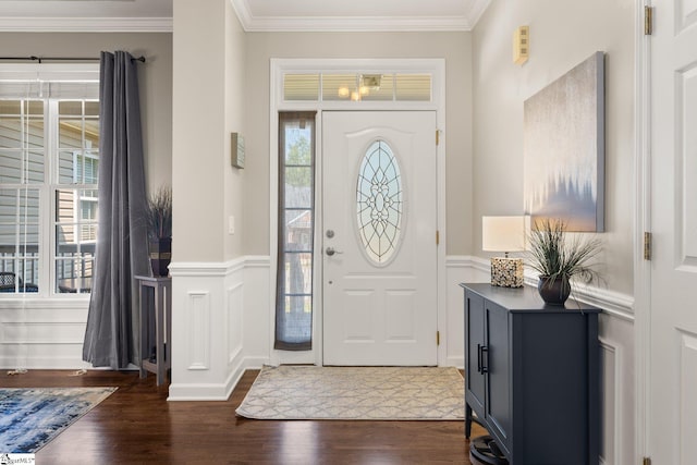 6 Nakkol Dr, Simpsonville, SC 29680 - entryway with crown molding, dark wood-style floors, a wainscoted wall, and a decorative wall