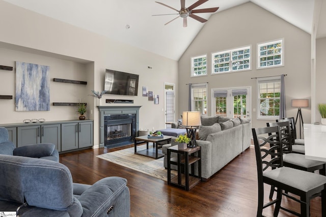 6 Nakkol Dr, Simpsonville, SC 29680 - living area featuring a ceiling fan, high vaulted ceiling, dark wood-style floors, and a fireplace with flush hearth