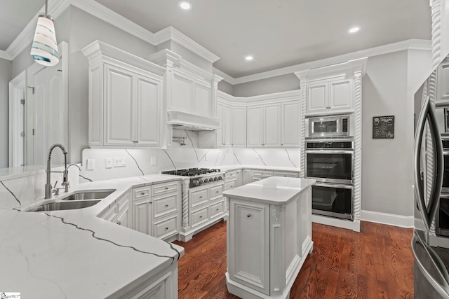 19 Hobcaw Dr, Greer, SC 29650 - kitchen featuring stainless steel appliances, recessed lighting, dark wood finished floors, light stone countertops, and white cabinetry