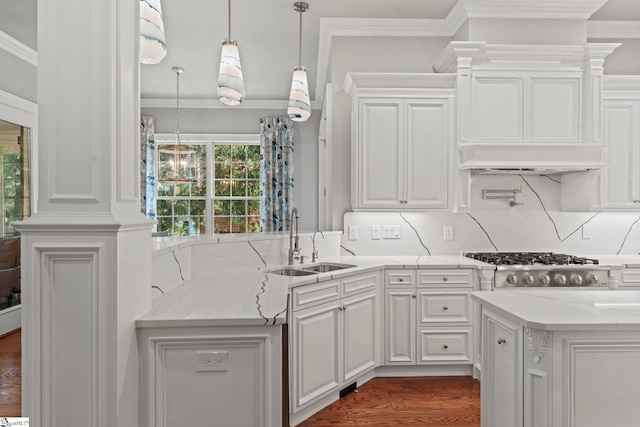 19 Hobcaw Dr, Greer, SC 29650 - kitchen with backsplash, white cabinets, stainless steel gas stovetop, ornamental molding, and dark wood-style floors
