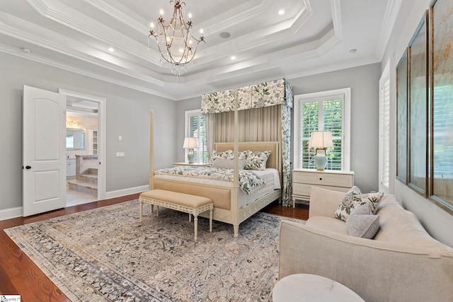 19 Hobcaw Dr, Greer, SC 29650 - bedroom with a chandelier, a raised ceiling, crown molding, and wood finished floors