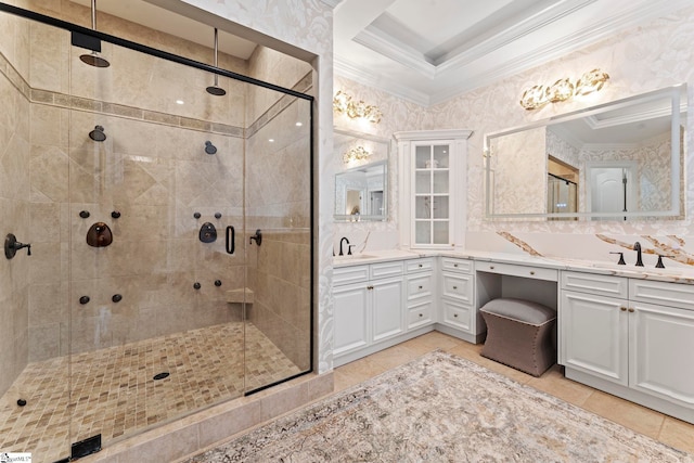 19 Hobcaw Dr, Greer, SC 29650 - full bath with ornamental molding, a stall shower, double vanity, and tile patterned floors