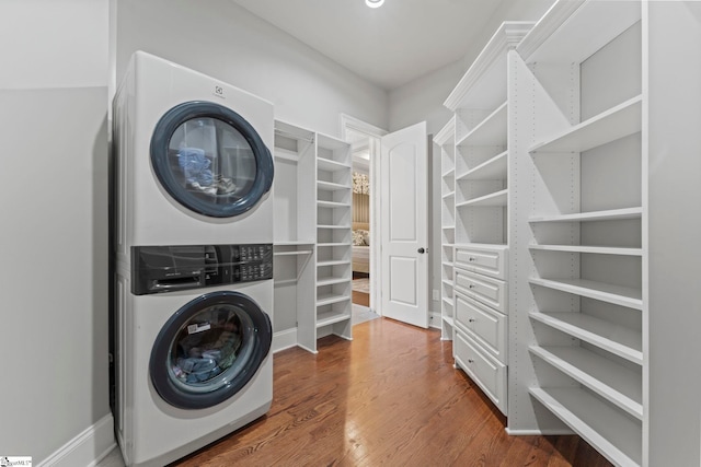 19 Hobcaw Dr, Greer, SC 29650 - washroom featuring estacked washer and dryer and wood finished floors