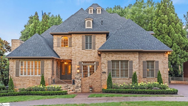 19 Hobcaw Dr, Greer, SC 29650 - french provincial home featuring a shingled roof, brick siding, and a chimney