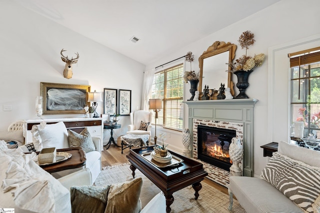 201 Evansdale Way, Simpsonville, SC 29680 - living area featuring light wood-type flooring, plenty of natural light, vaulted ceiling, and a fireplace