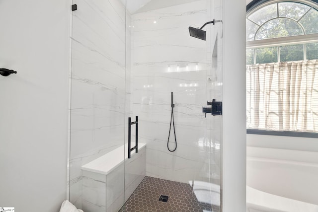 409 Summergreen Way, Greenville, SC 29607 - bathroom featuring a marble finish shower and a garden tub