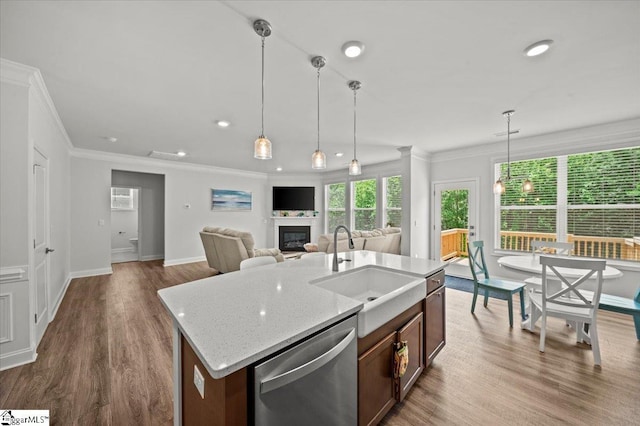 229 Layken Ln, Woodruff, SC 29388 - kitchen featuring dishwasher, ornamental molding, dark wood-type flooring, hanging light fixtures, and a glass covered fireplace