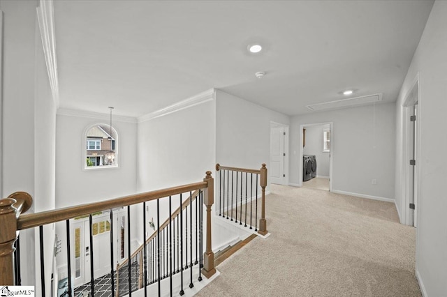 229 Layken Ln, Woodruff, SC 29388 - corridor with attic access, an upstairs landing, ornamental molding, carpet floors, and recessed lighting