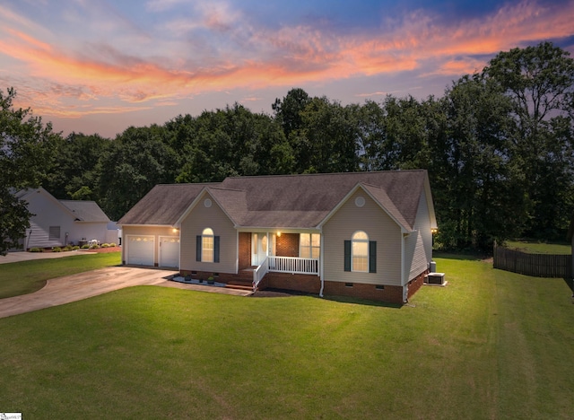 111 Falcon Ln, Chesnee, SC 29323 - view of front of home featuring crawl space, a porch, concrete driveway, a garage, and a yard