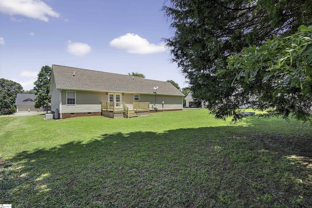 111 Falcon Ln, Chesnee, SC 29323 - back of property with crawl space, a yard, a wooden deck, and a shingled roof