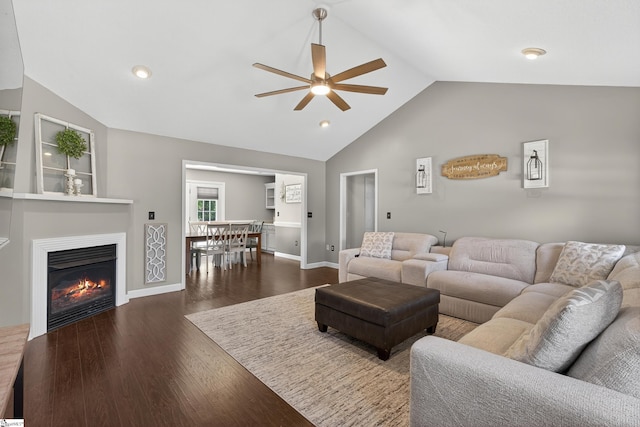 111 Falcon Ln, Chesnee, SC 29323 - living area featuring ceiling fan, dark wood-style floors, high vaulted ceiling, and a glass covered fireplace
