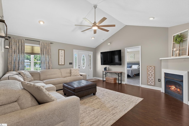 111 Falcon Ln, Chesnee, SC 29323 - living area with dark wood-style flooring, ceiling fan, a glass covered fireplace, high vaulted ceiling, and recessed lighting