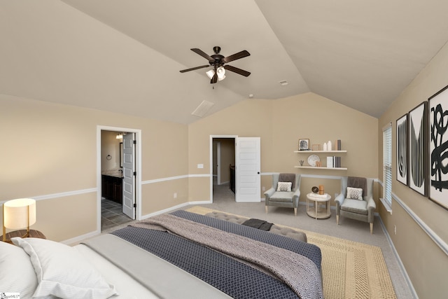 330 Mansfield Ln, Greer, SC 29650 - carpeted bedroom featuring vaulted ceiling, a ceiling fan, and connected bathroom